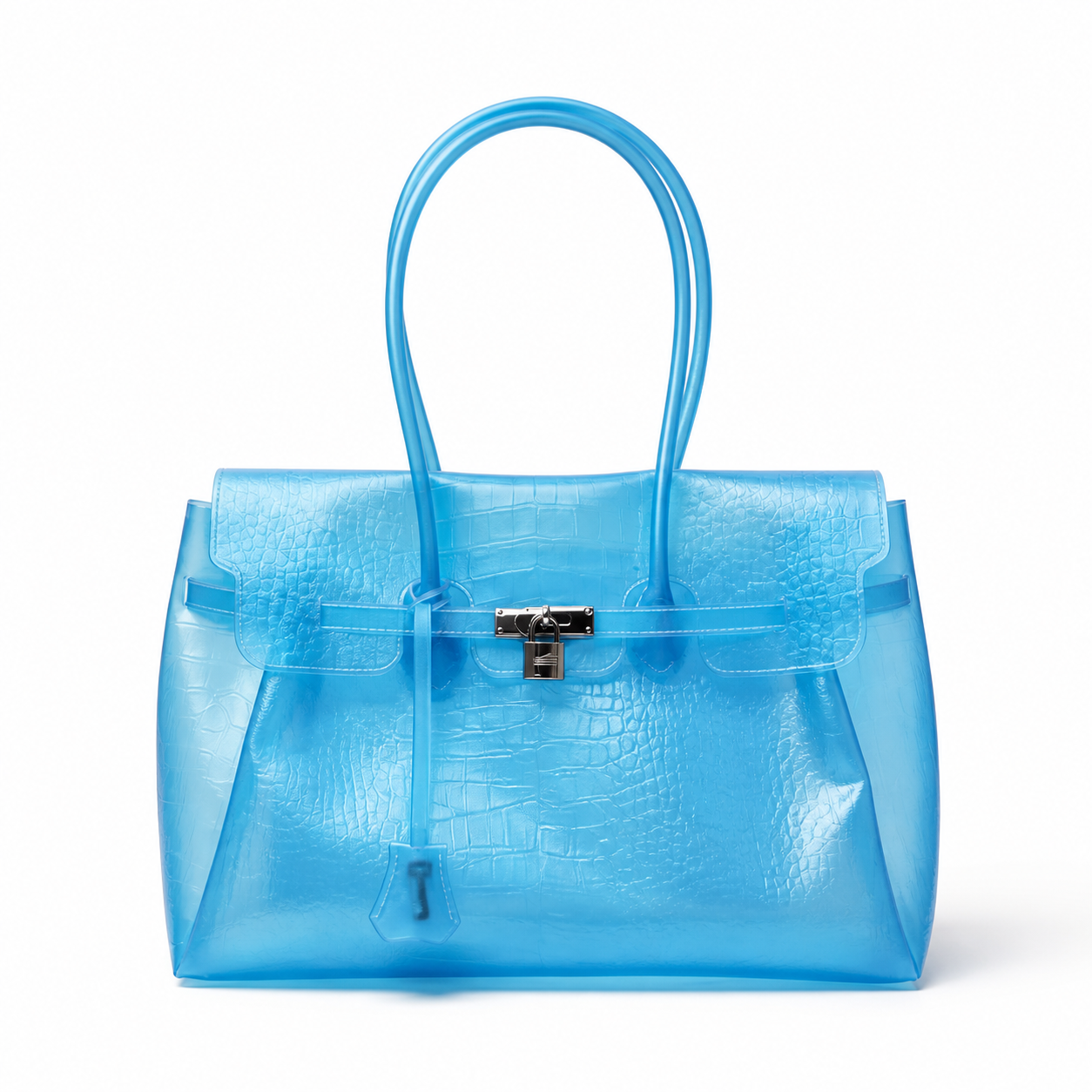 Miss Bear Croc Pop Jelly Tote in Blue – translucent TPU crocodile-embossed shoulder bag